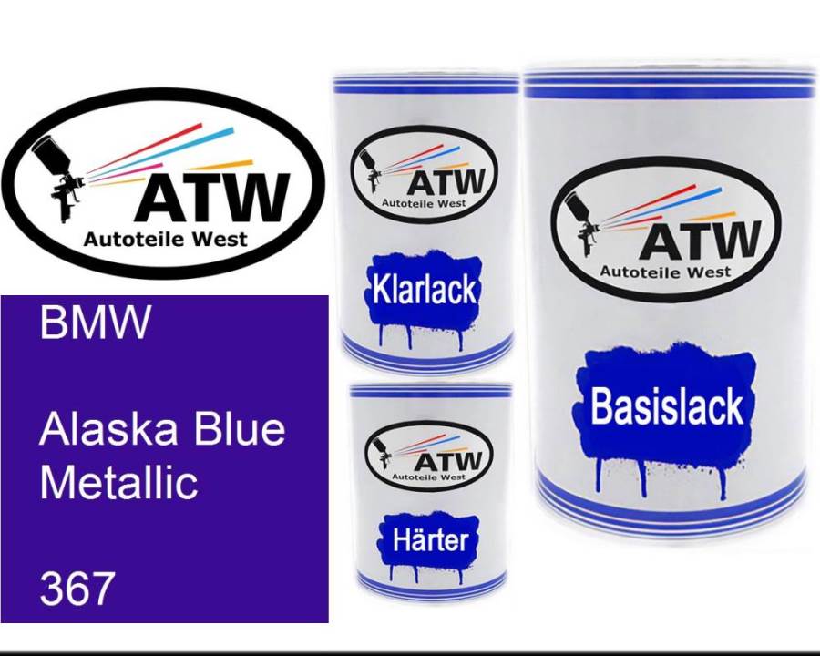 BMW, Alaska Blue Metallic, 367: 500ml Lackdose + 500ml Klarlack + 250ml Härter - Set, von ATW Autoteile West.